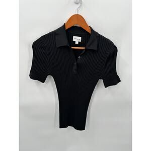 FRANK & OAK Ribbed Black Short Sleeve Collared Top // M